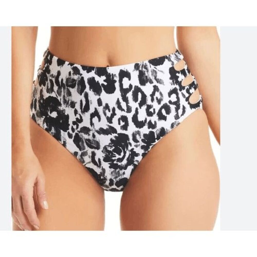 Bar III Women's Size Large White Black Side Cut Out High Rise Bikini Bottoms